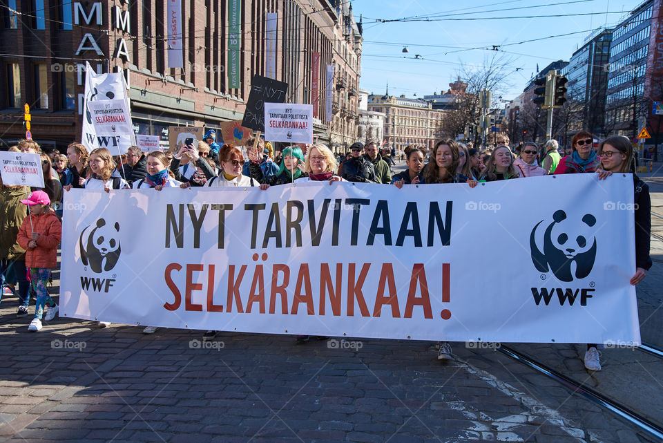 Helsinki, Finland - April 6, 2019: March and demonstration against climate change (Ilmastomarssi) in downtown Helsinki, Finland attended by more than 10000 people. 