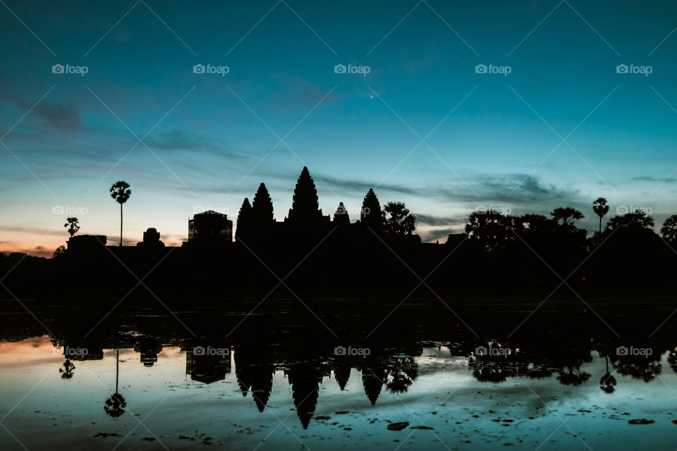 Sunrise in Cambodia at the Angkor Wat Temple. Largest religious site in the world 