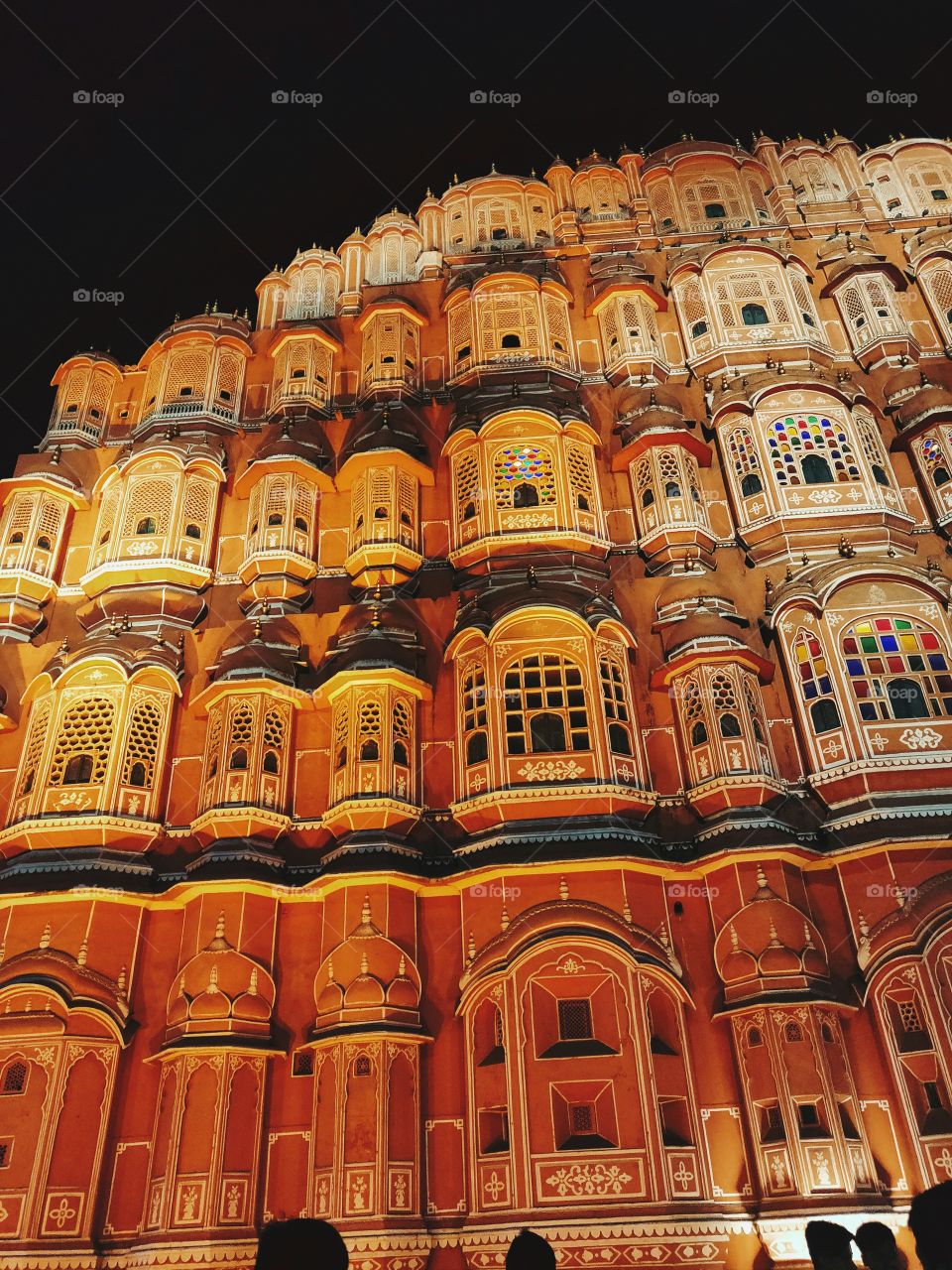 Hawa mahal at night time.
mahal which is made up of red sand stones located in pink city of india-jaipur, rajasthan. 
Historical place