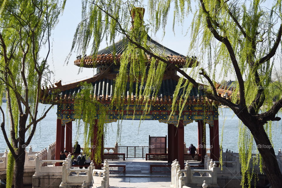 Asia China Beijing Houhai chinese temple in spring blue sky temple park chinese culture by a lake pagoge relax and trees