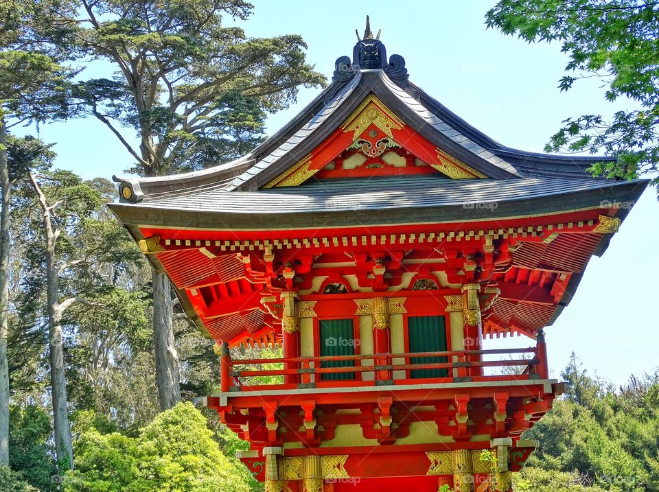 Japanese Pagoda. Beautiful Japanese Architecture In Red And Gold Shinto Shrine
