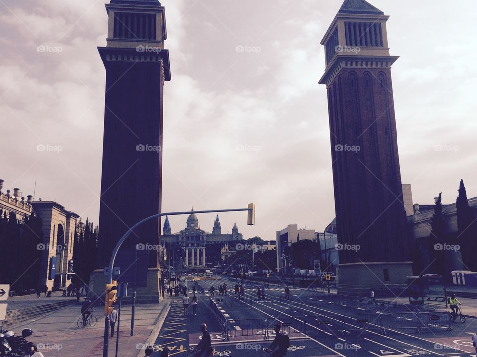 A view through the Venetian Towers to the Plaça d'Espanya in Barcelona Spain during Autumn 