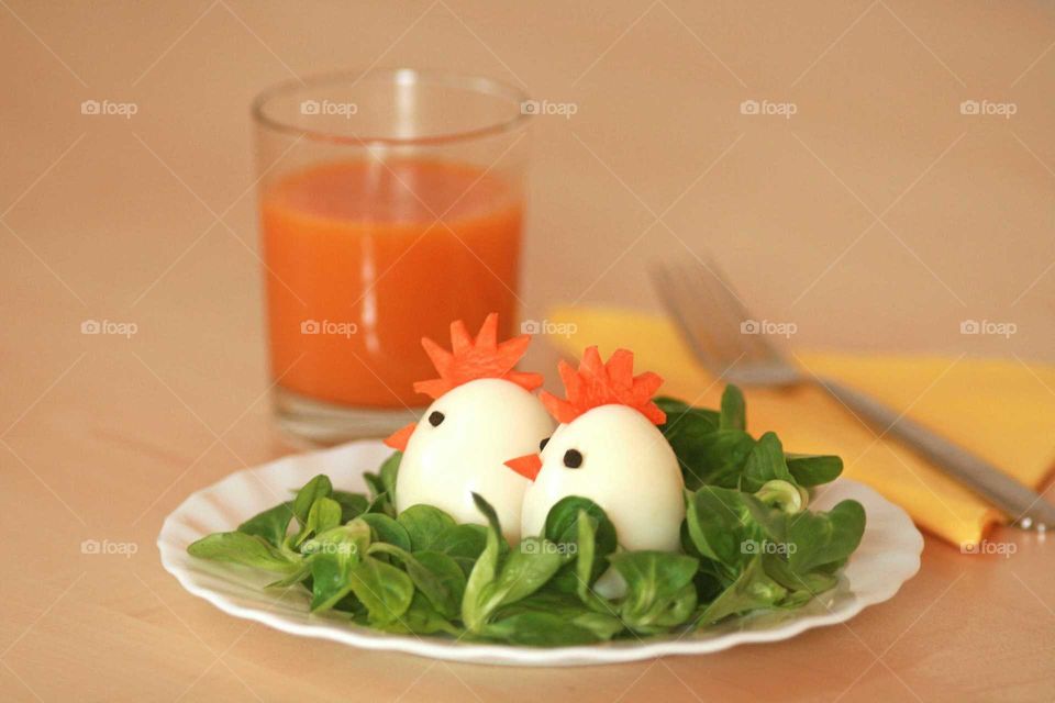 Eggs and juice for breakfast