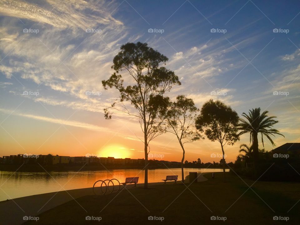 Beautiful sunset walking around the lake 