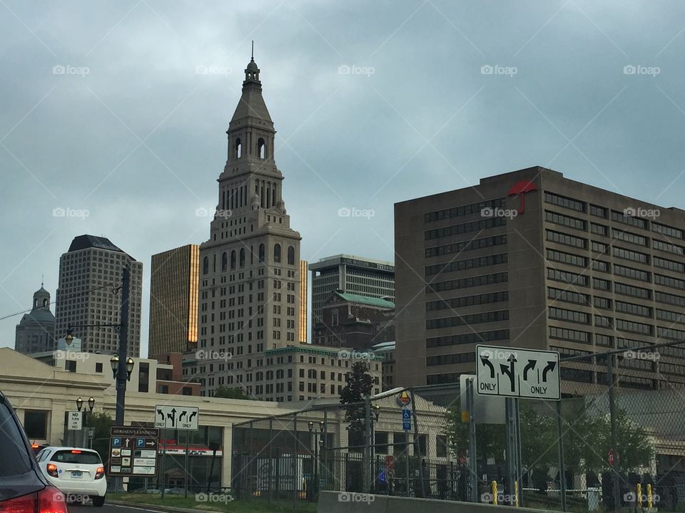Hartford skyline. Hartford downtown on a busy morning. 