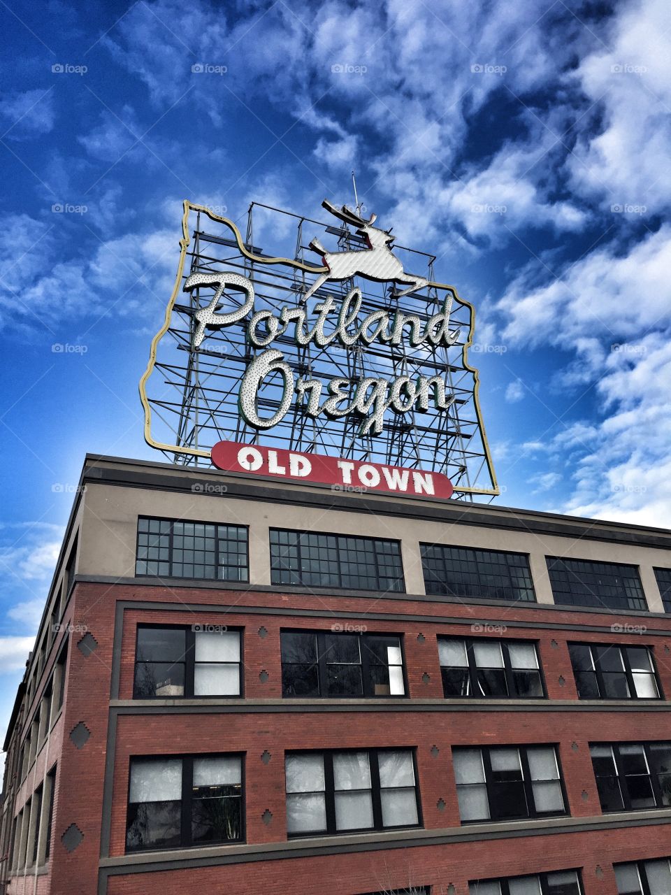 The iconic stag sign in downtown Portland. 