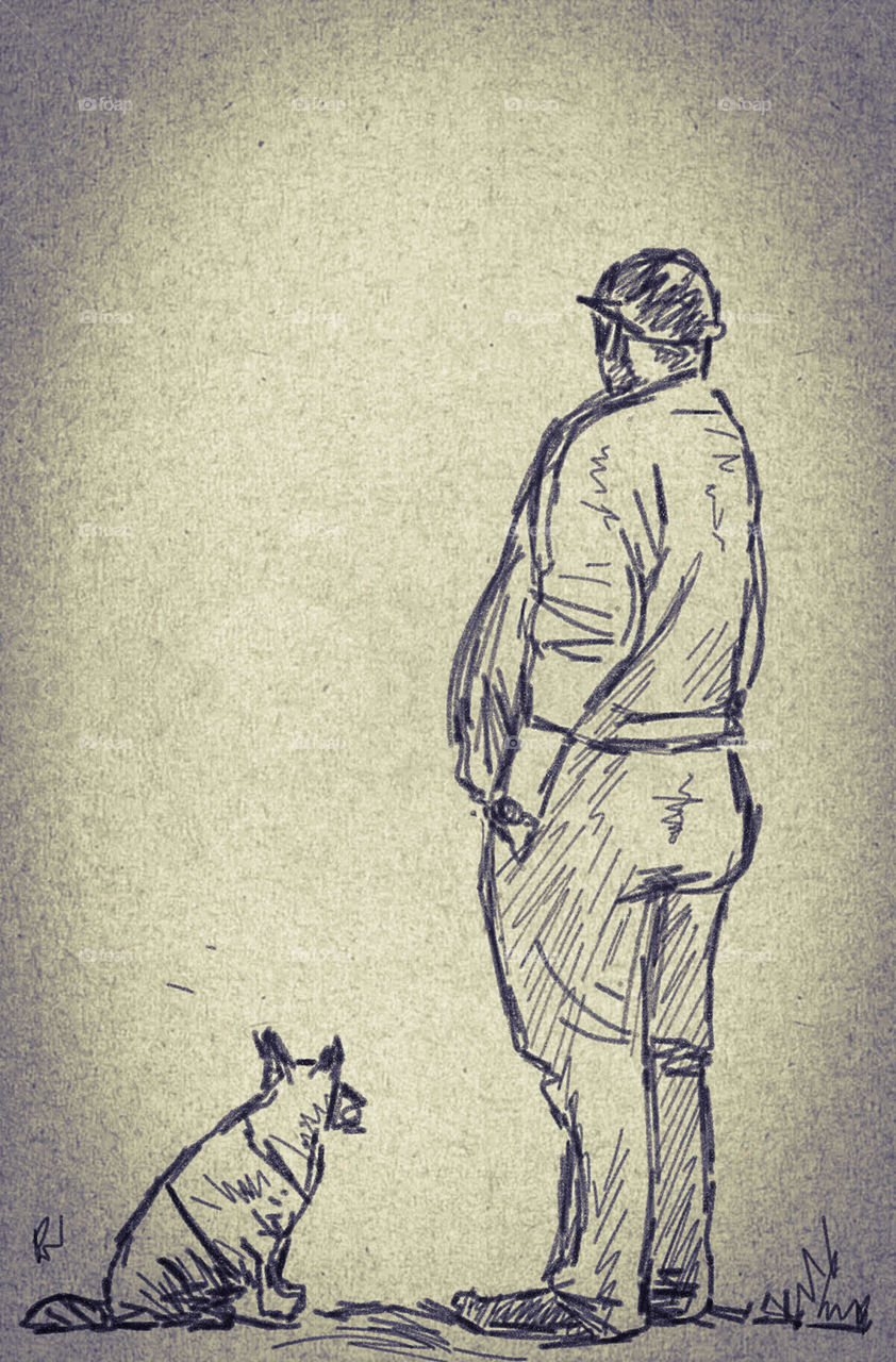 Man and dog. freehand sketching