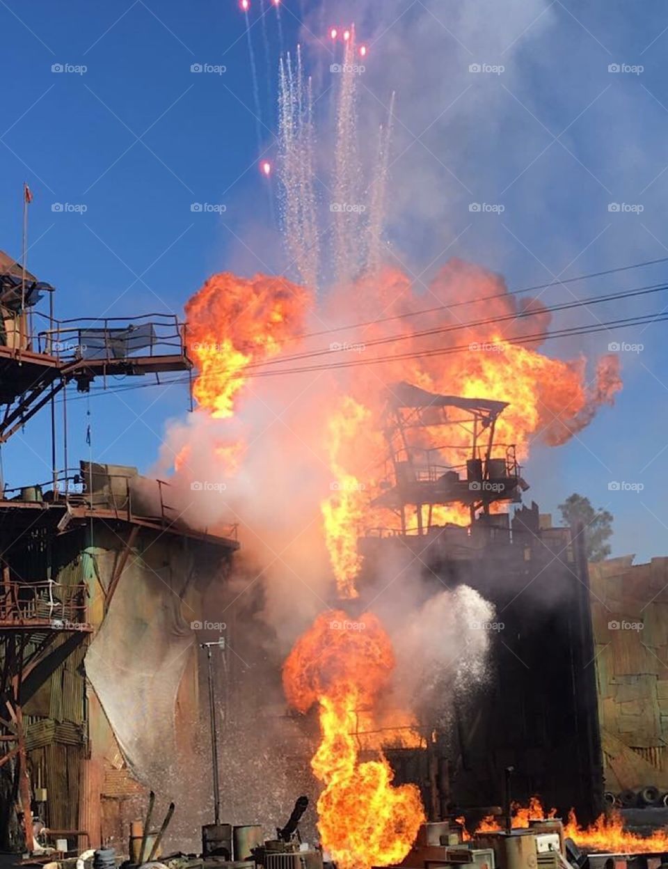 A high-tech explosion at Universal Studios Hollywood in California at the Waterworld stunt show.