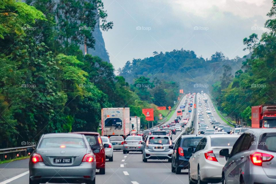 Traffic jammed at the highway and people going back to their hometown on festive weekends 
