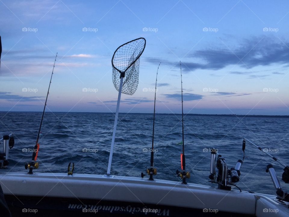 Charter Fishing. View from back of charter boat at Waukegan Harbor , Lake Michigan.
