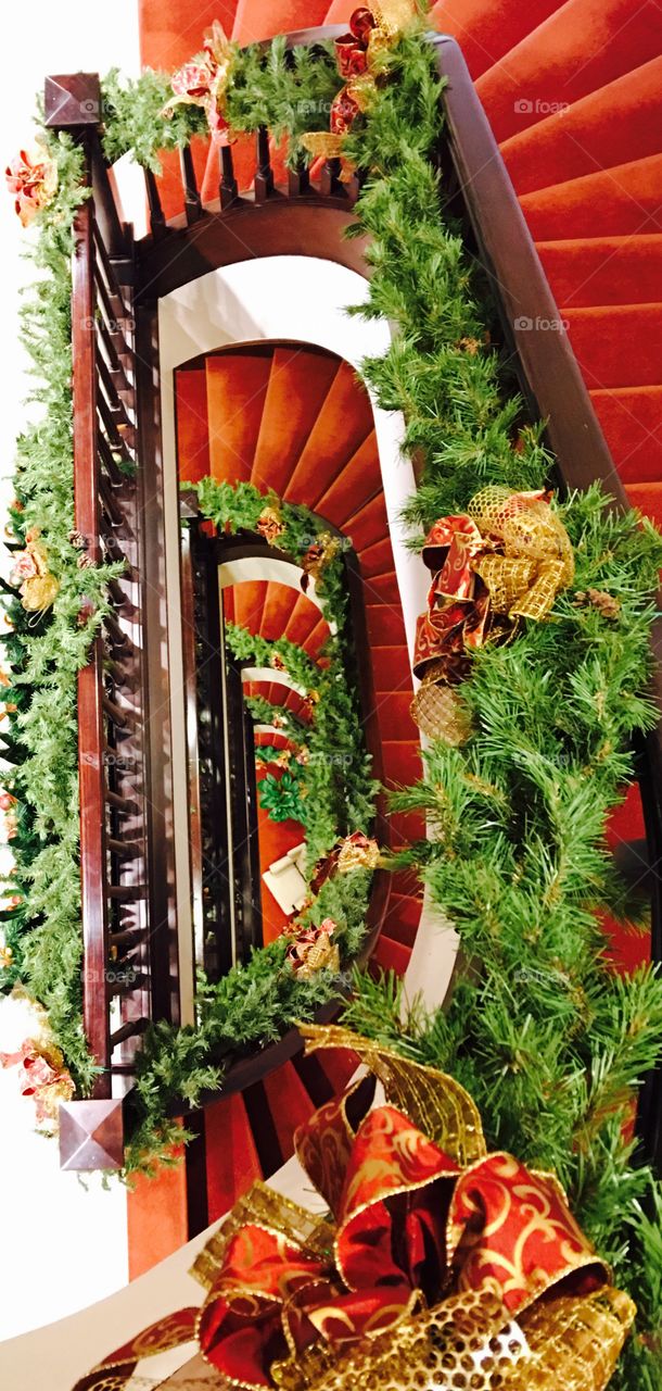 Stairway decorated with Christmas decorations 