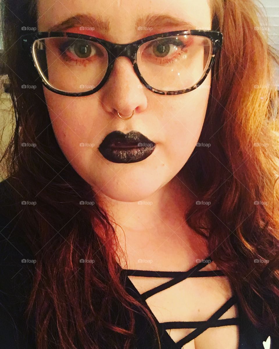 Makeup goth glam redhead glasses eyeliner nose ring septum