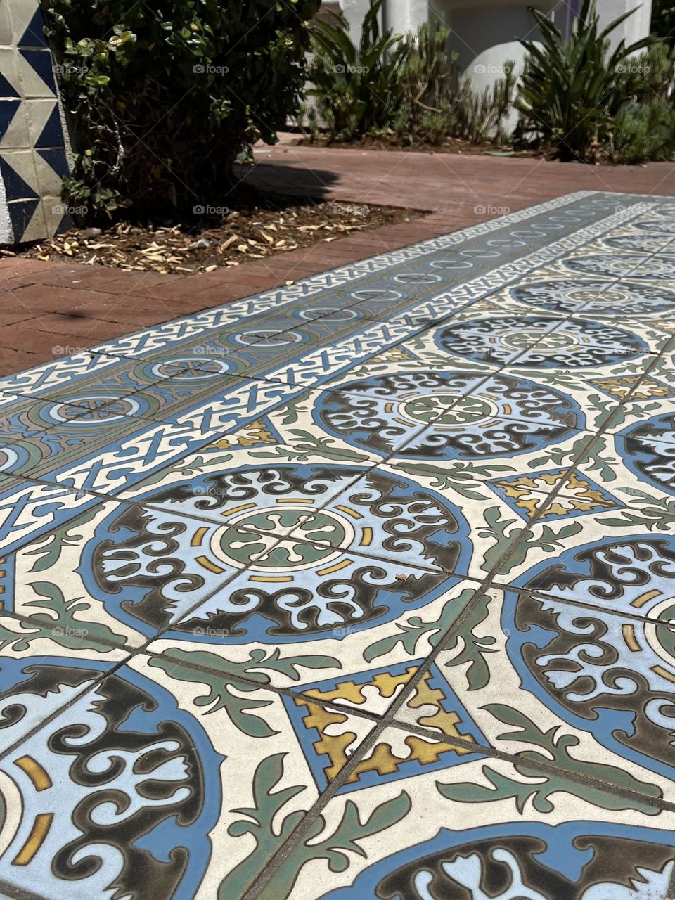 Spanish style tiles on a walking path in Santa Barbara, California.