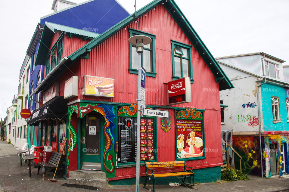 Red funny house in Reykjavik, Iceland. 