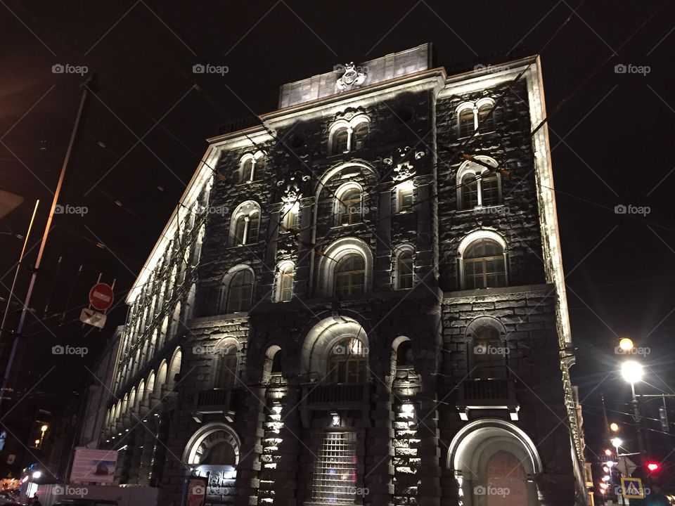 A beautiful building at night 