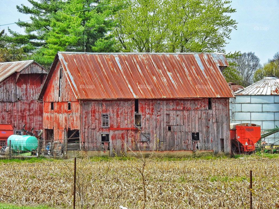 Old Indiana red barn on a spring day on a farm