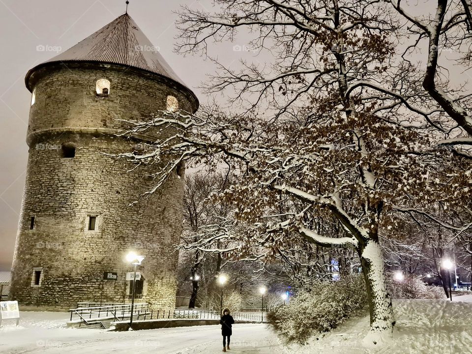 Winter in the city, medieval architecture of Tallinn, Kiek in de Kök Tower museum