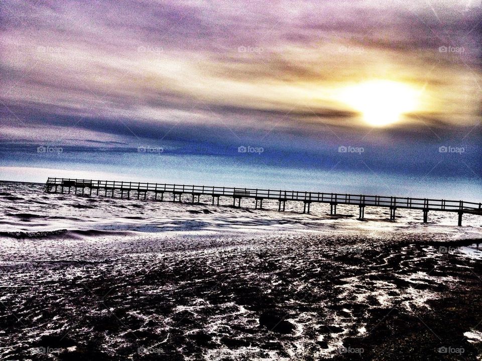 Wharf in hazy distance