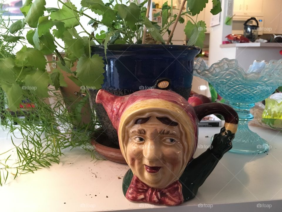 Vintage granny grandma face teapot with potted plants 
