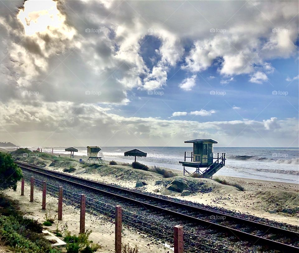 Landscapes And Seascapes! Southern California Coastal Landscape, Railroads, Palapa Umbrellas, Lifeguard Stands, Clouds And Blue Sky!