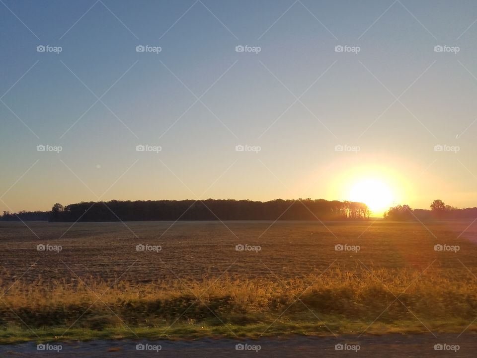 the sun rising from behind some trees in the distance in small town ohio