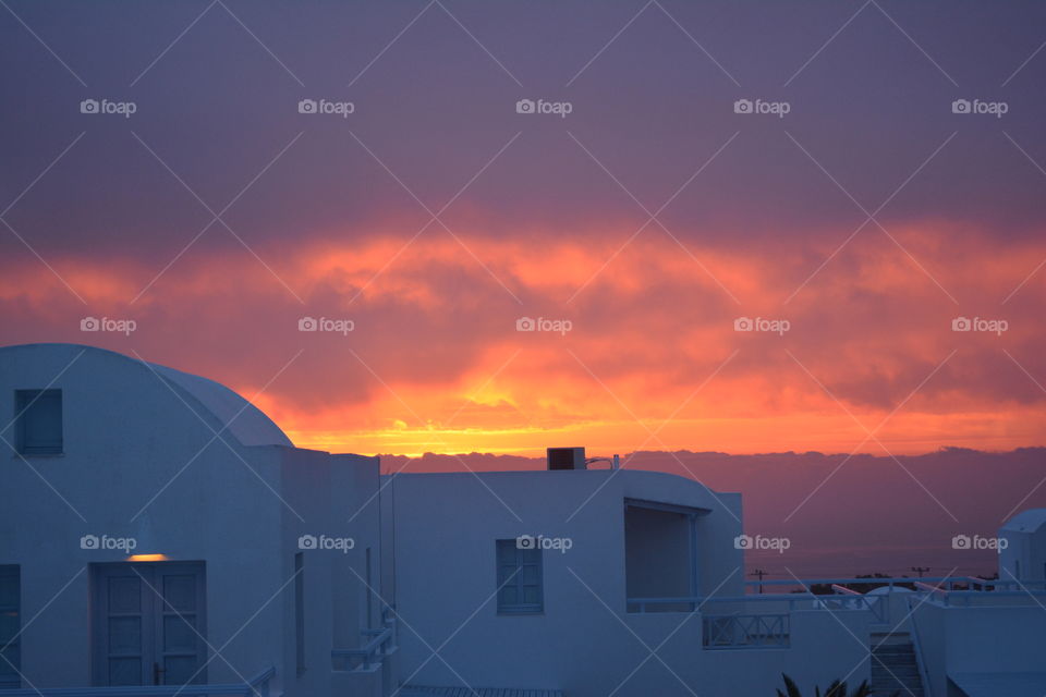 Santorini Sunset. Sunset over Fira hotel in Santorini, Greece