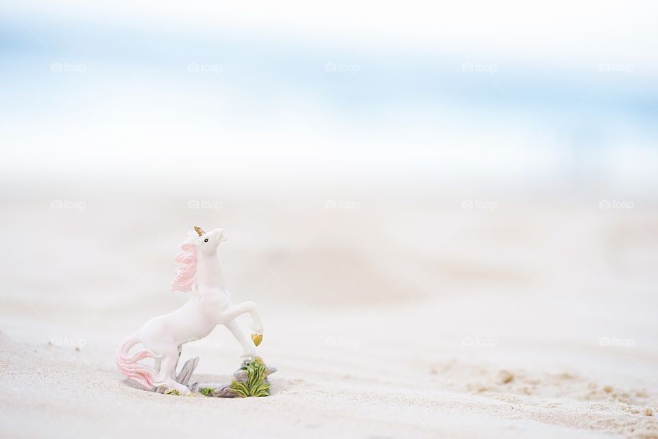 Unicorn. A miniature of unicorn by the beach with shallow depth of field, soft focus and dreamy effect for background and copy space.