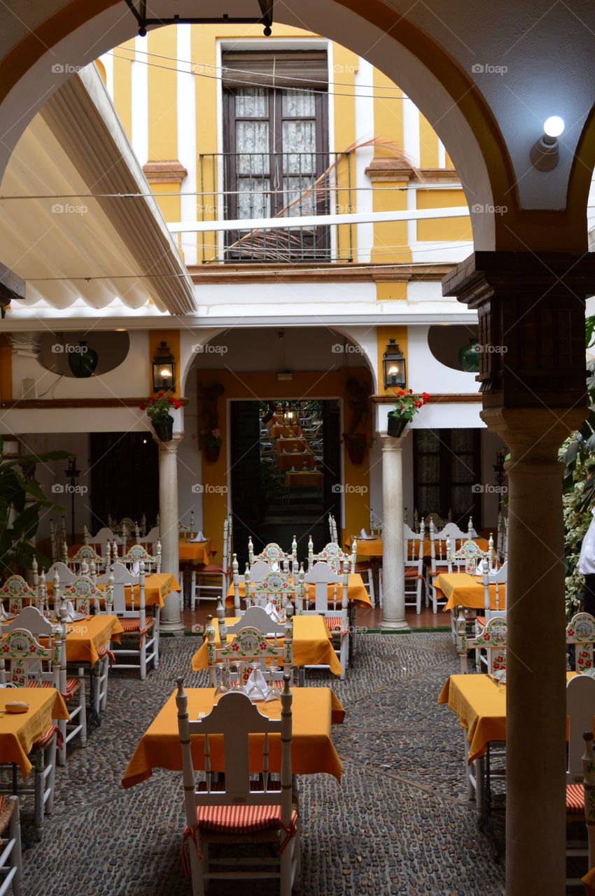 Patio of an Andalusian restaurant in Sevilla, Spain.