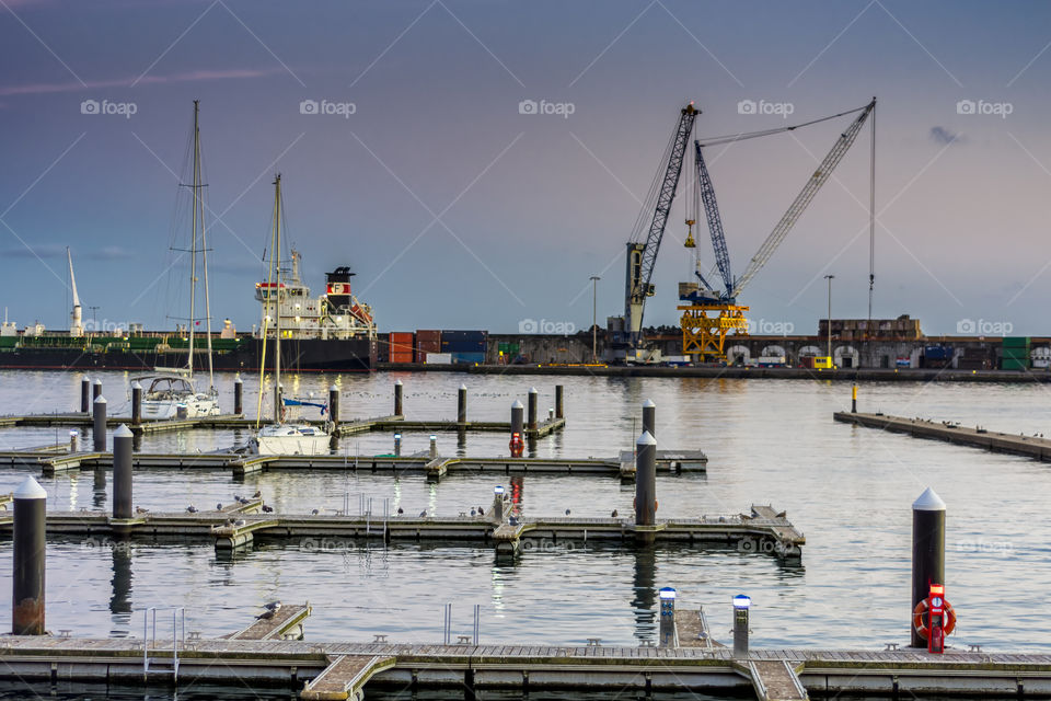 The harbour of Ponta Delgada at sunset, Sao Miguel, Azores, Portugal.