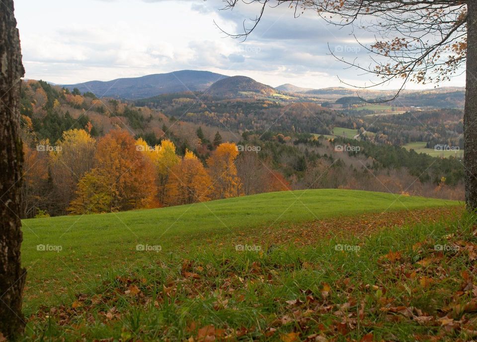 A beautiful fall day in New England with vibrant autumn colors in the mountains and rich green grass in the foreground.