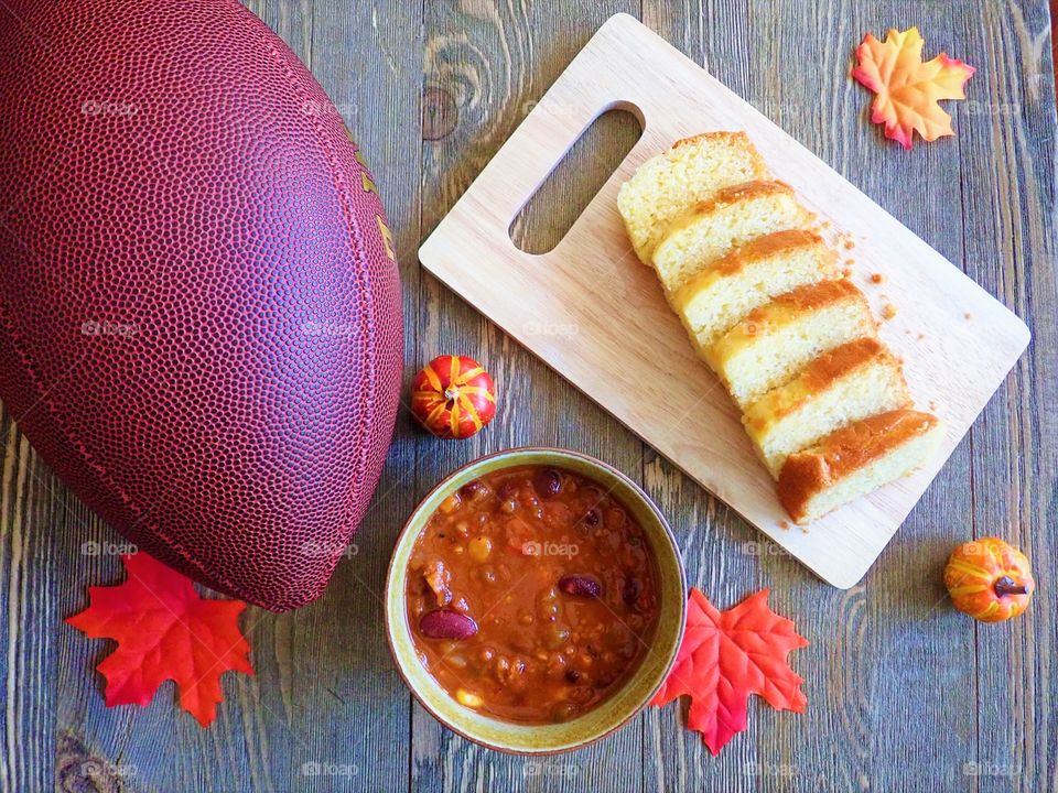 Football and chili with corn bread