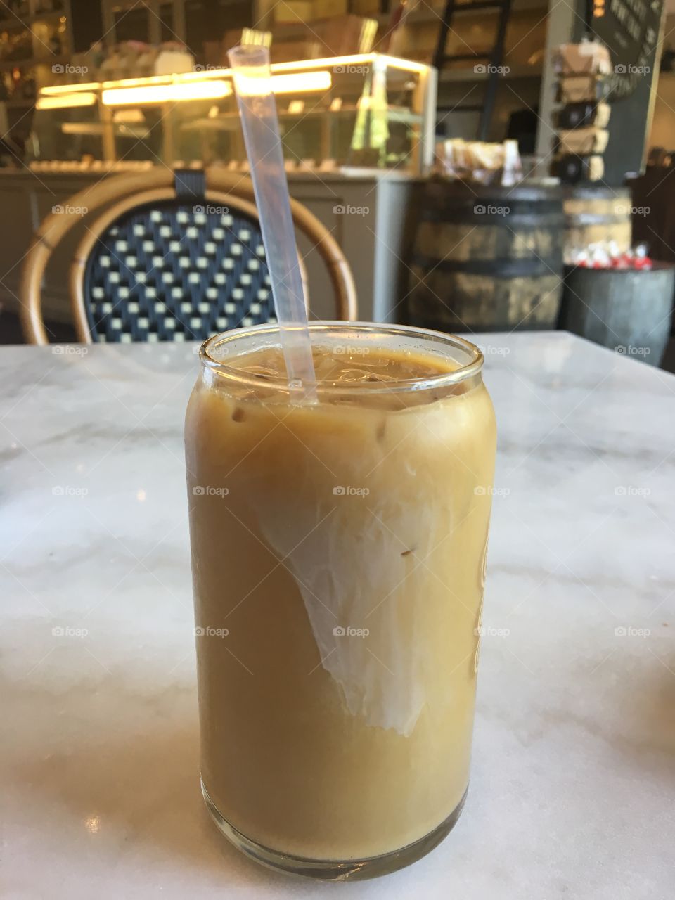 Iced coffee cream straw breakfast bistro marble barrel wicker