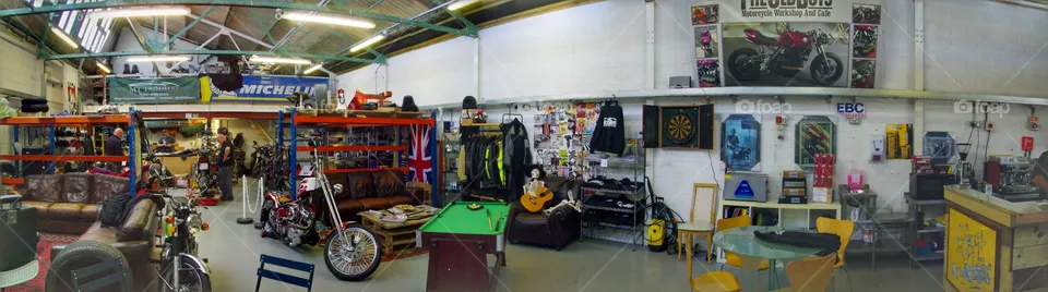 Panorama of The Old Boys Motorcycle Workshop and Cafe