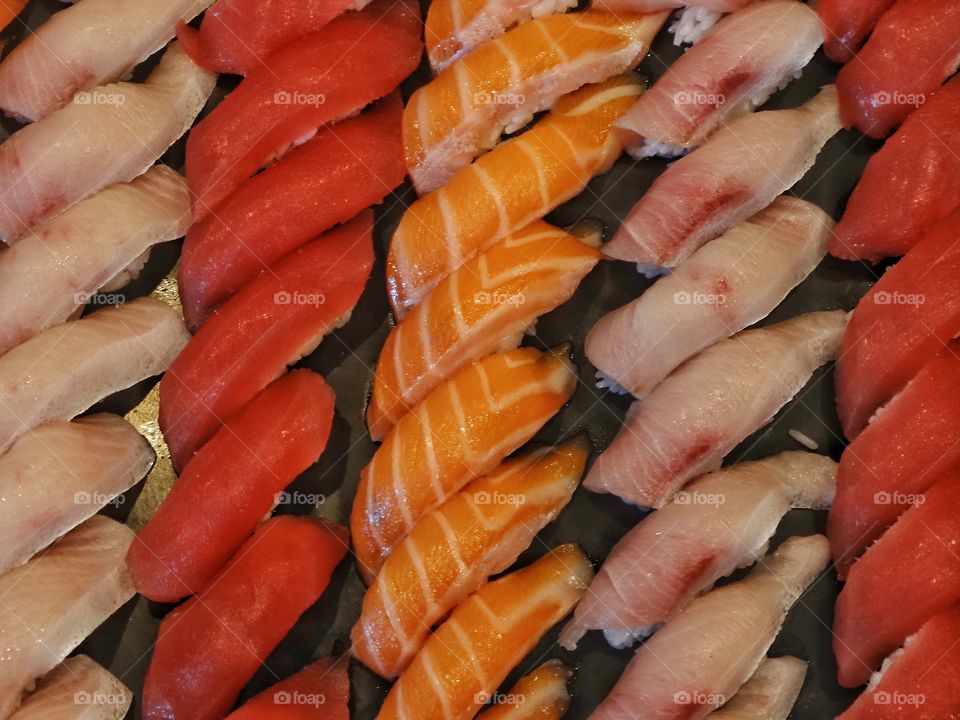 Selection of fresh sushi nigiri viewed from above