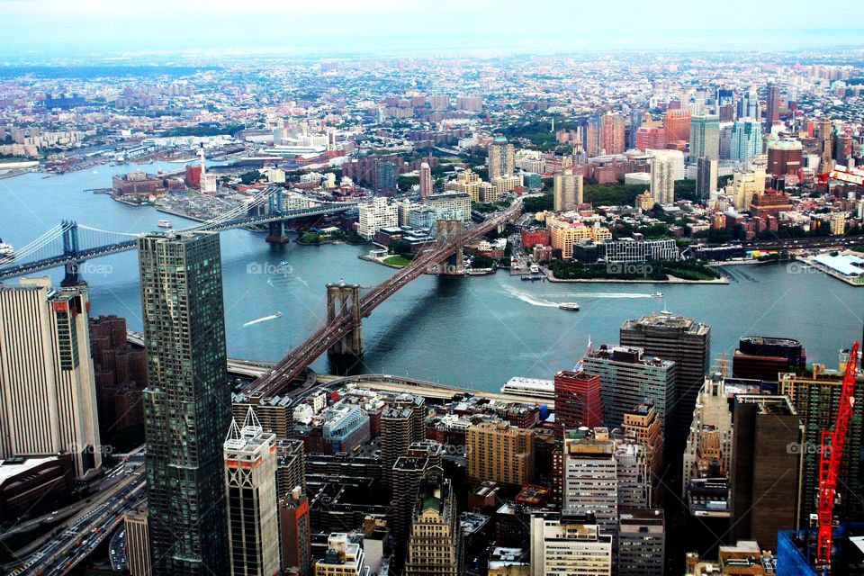 Aerial View of Manhattan Bridge and Brooklyn Bridge over East River