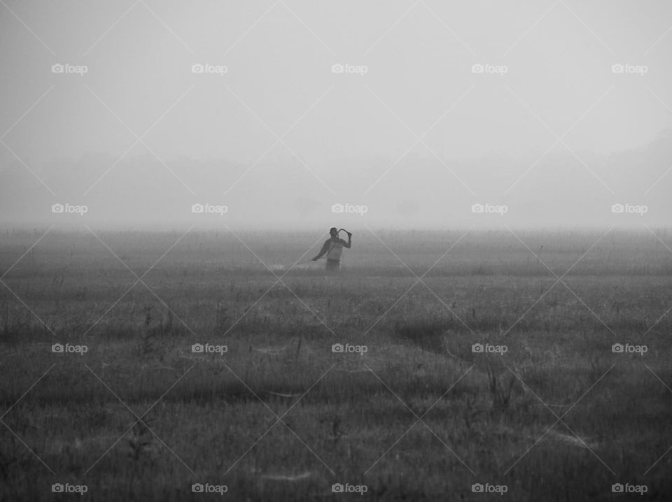 Farmer’s action at the Fields in a foggy dawn