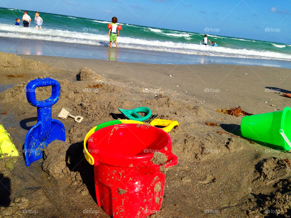 Bucket and shovel on beach, Hollywood, Florida