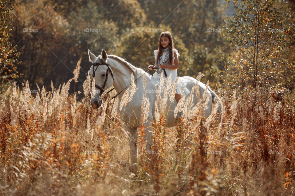 Little girl with grey horse in autumn park 