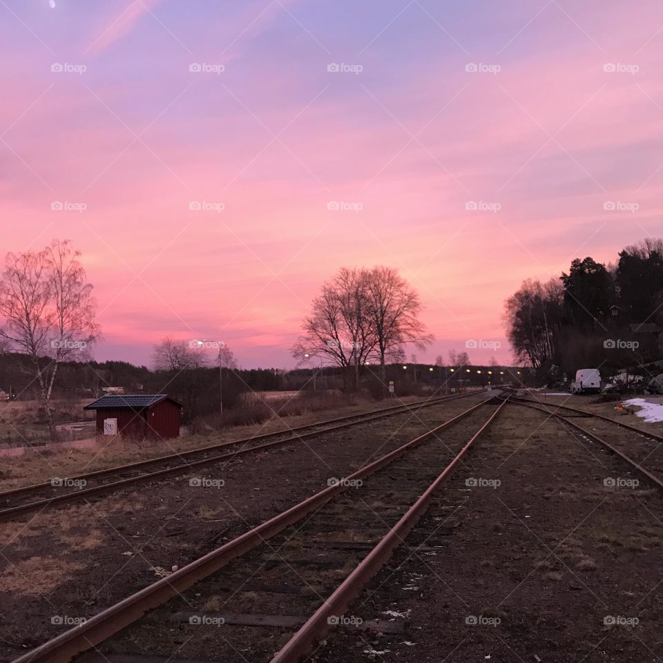 Railroad in the sunset at winter. 