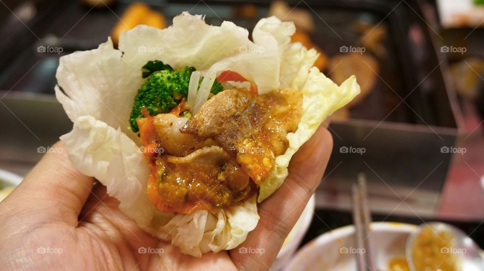 Grilled pork with vegetables Bulgogi Korean food 