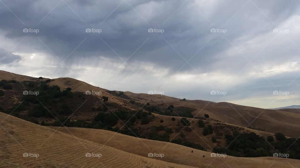 Trying to rain. Dry hills and  clusters of thirsty trees receive slight rainfall.