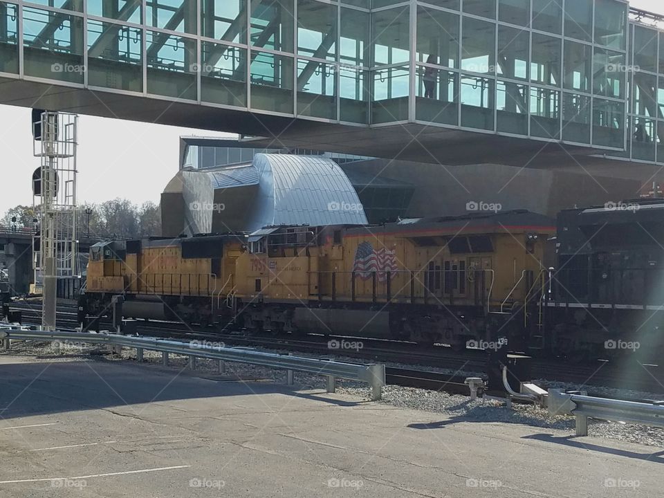 Diesel locomotives rolling through downtown Roanoke Virginia