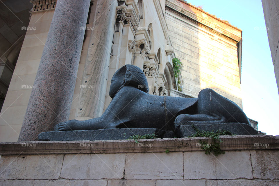 Sphinx, Split, Croatia. Originally, in the Egyptian mythology, the Sphinx was the guardian of the Pharaonic tombs, so in the same way the Egyptian Sphinx in Split could be regarded as the guardian of the Diocletian's, Roman emperor, mausoleum.