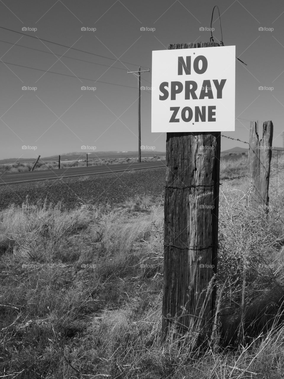 This sign isolates an area in hay fields outside of Christmas Valley in Eastern Oregon as a @No Spray Zone". 