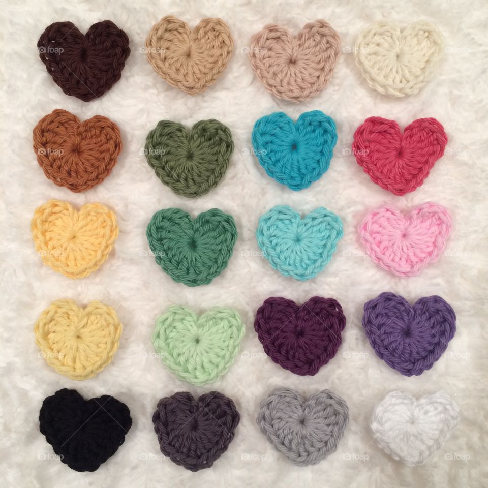 Colorful Crocheted Hearts. A color sample of some items I crochet. 