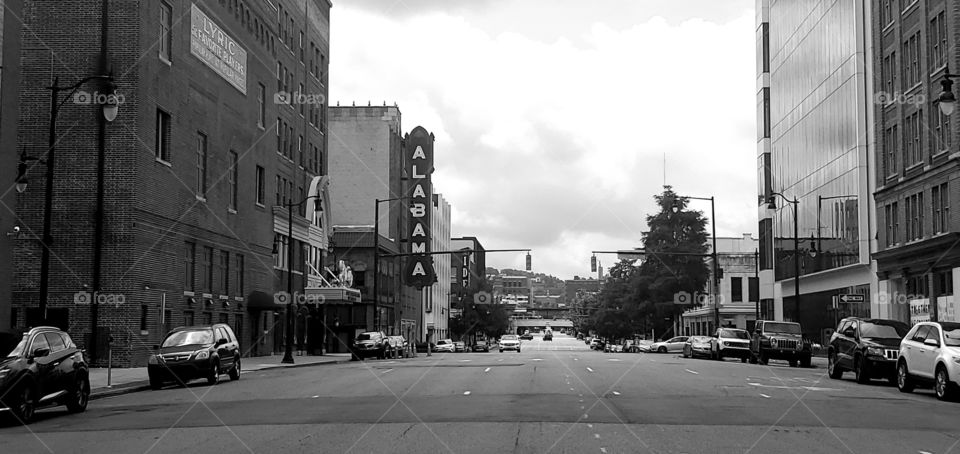 The streets of Downtown Birmingham in black and white.