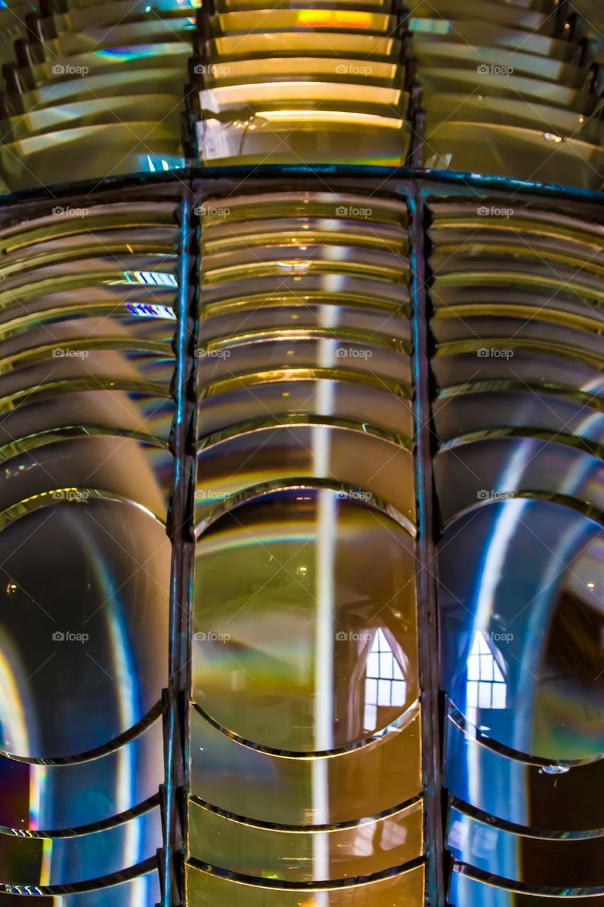 Colorful closeup of the Pigeon Point Lighthouse glass prism First Order Fresnel Lens in pescadero california between Santa Cruz and San Francisco 