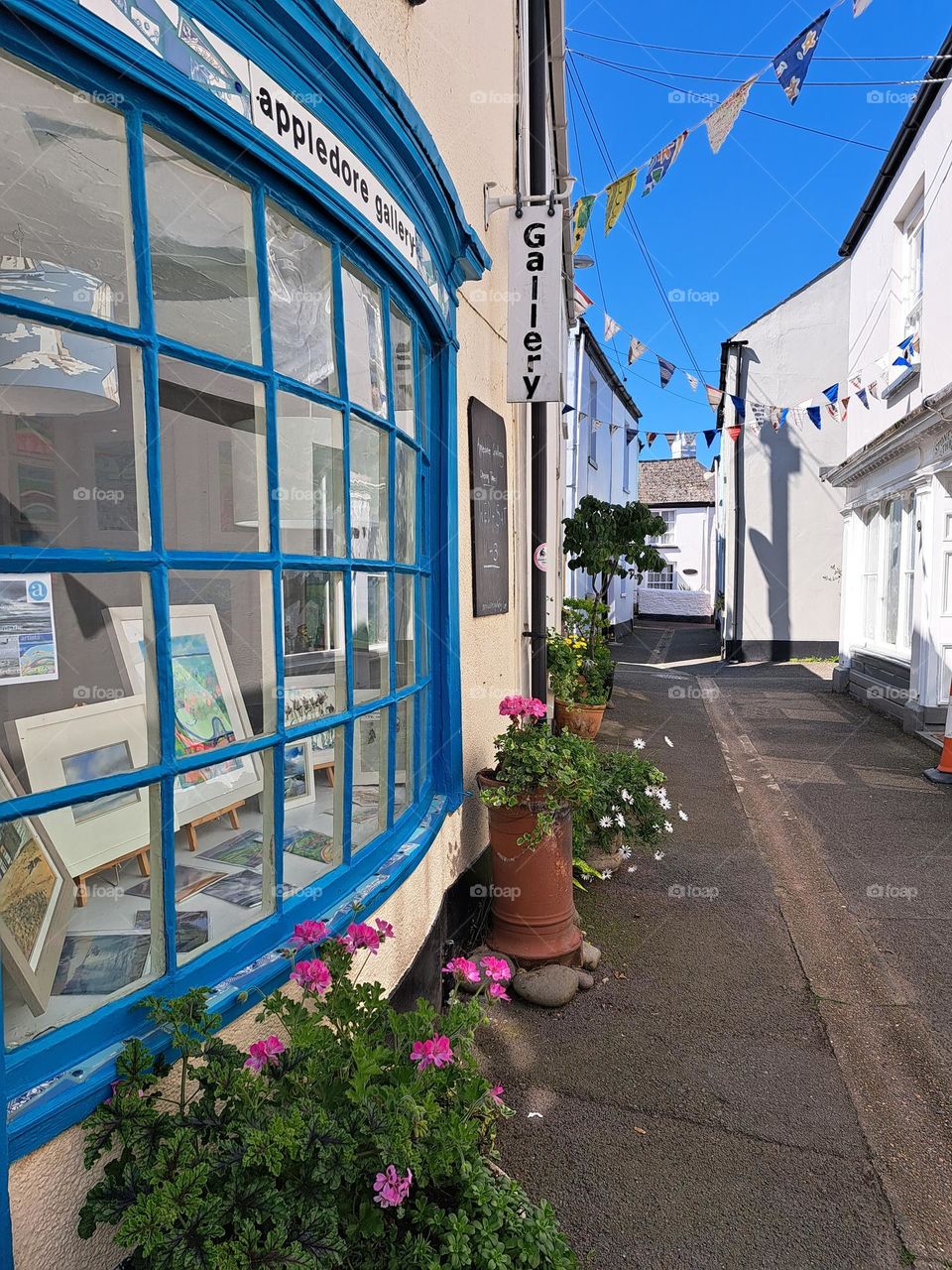 Narrow street at Appledore with the window frame matching the lovely blue sky