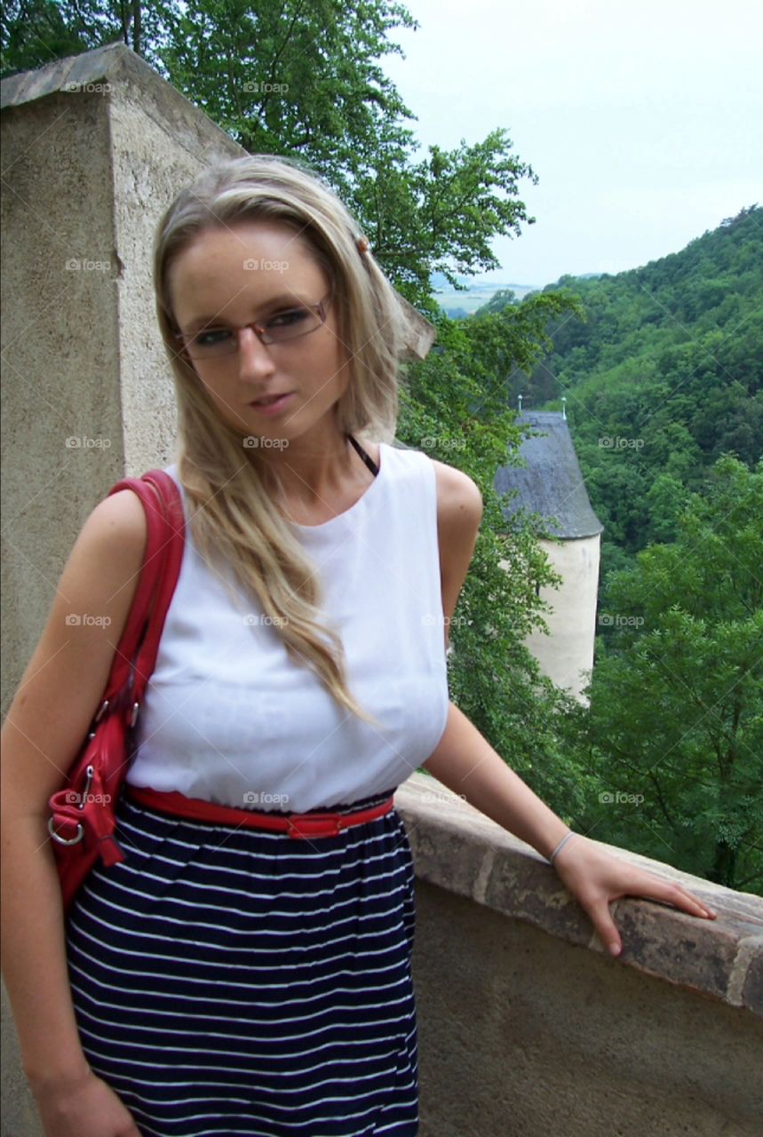 blond girl hair style, bridge, art photo, tree, forest, castle Zvikov, Czech republic