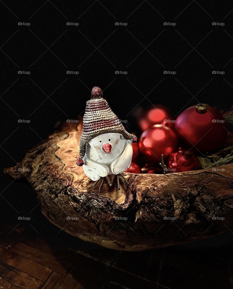 Christmas Ornaments in Wooden Bowl